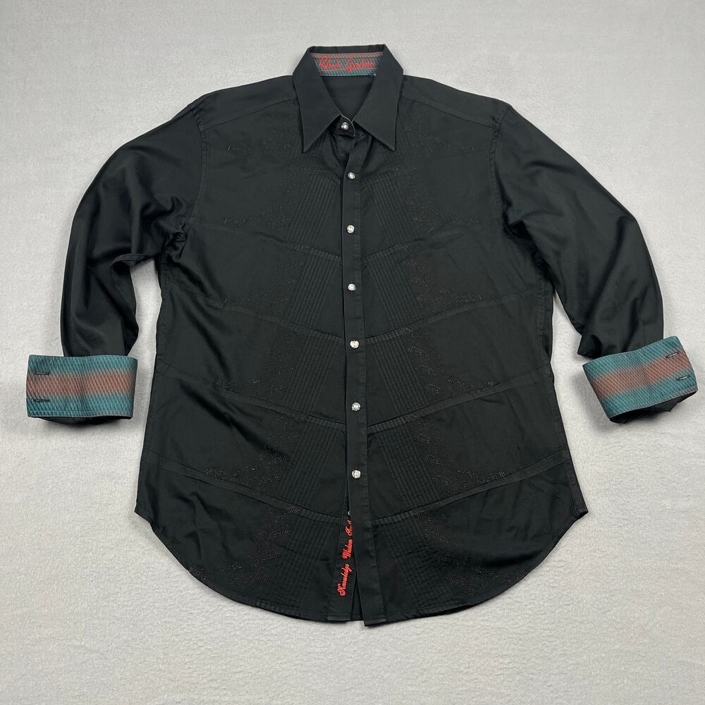 Robert Graham Black Embroidered Button Up Shirt Teal Flip Cuff Men's M